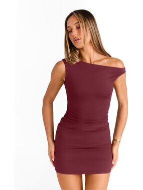 〽️Women's Burgundy Summer Going Out Off The Shoulder Pull On Bodycon Mini Dress